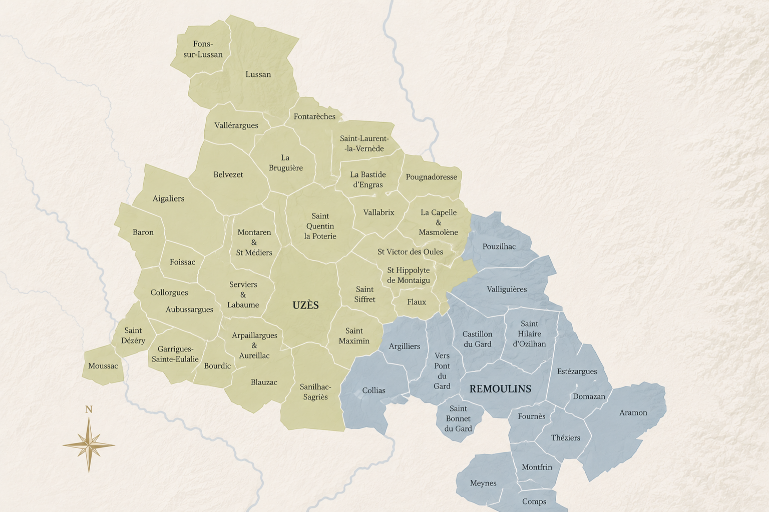 Carte du secteur d'intervention pour l'estimation immobilière : Uzès, l'Uzège et les communes voisines jusqu'au Pont du Gard et Remoulins